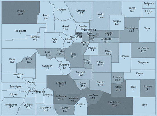 A shaded map of Colorado displaying drug overdose death rates by county. Each county is labeled with its name and a numeric overdose death rate per 100,000 residents. Higher-rate counties appear in darker shades and include Las Animas (69.5), Rio Grande (39.6), Conejos (27.7), Huerfano (38.1), and Denver (39.2). Lower-rate counties appear in lighter shades and include Gunnison (6.7), Hinsdale (0.0), San Juan (8.7), and Morgan (8.2). The map shows variation in overdose deaths across the state, with generally higher rates in the southern region.